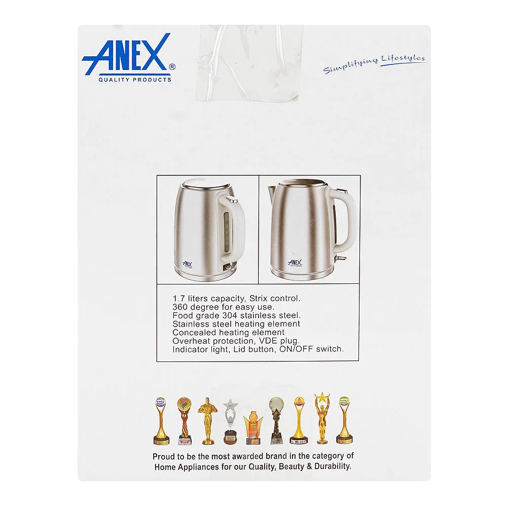 Close-up design of anex deluxe kettle, 1850-2200w, 220-240v, 1.7 liter capacity, ag-4072