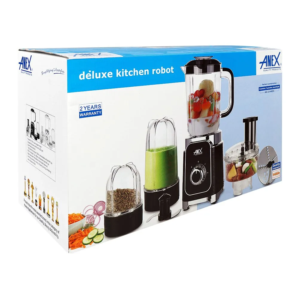 Side view of anex deluxe kitchen robot, 380w, 1.25 liter jar + 800ml chopper cup + 80g grinder cup, black, ag-2146