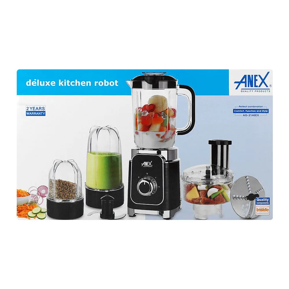 Comfortable casual anex deluxe kitchen robot, 380w, 1.25 liter jar + 800ml chopper cup + 80g grinder cup, black, ag-2146