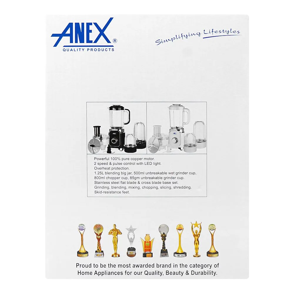 Close-up design of anex deluxe kitchen robot, 380w, 1.25 liter jar + 800ml chopper cup + 80g grinder cup, black, ag-2146