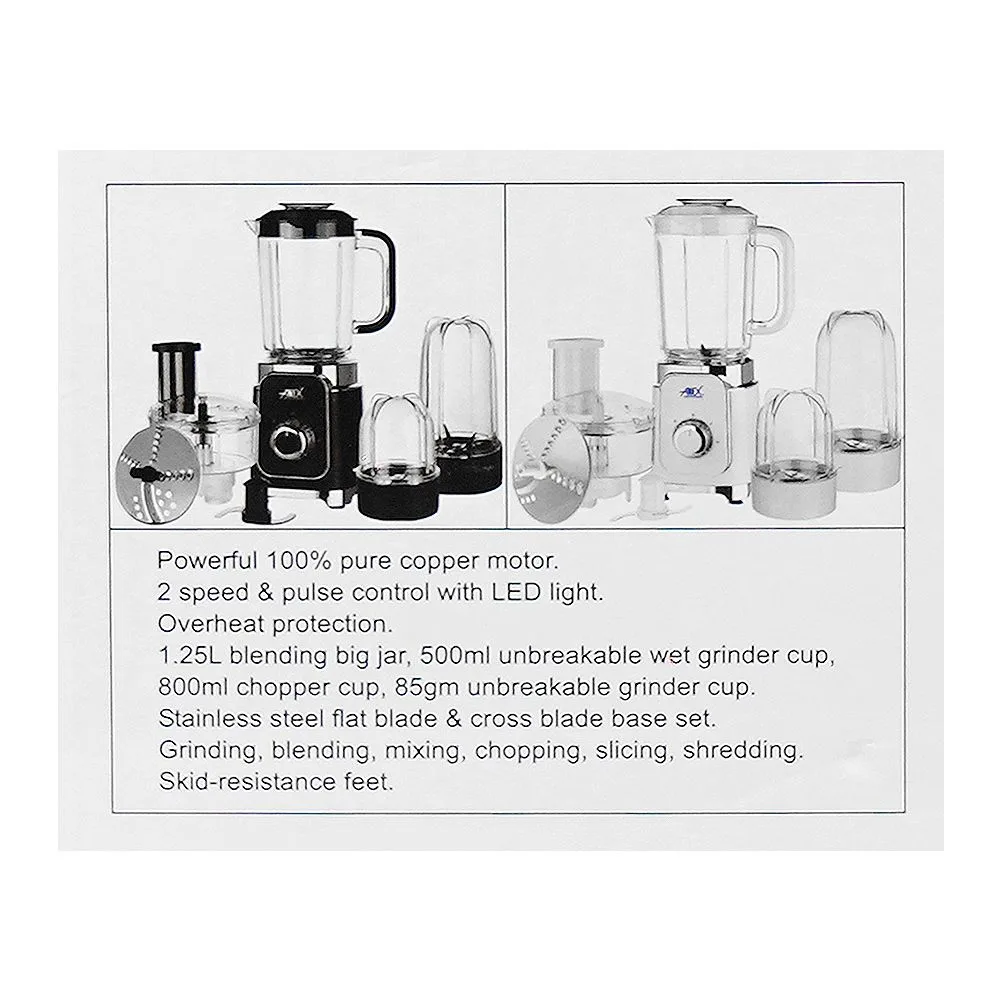 Front angle of anex deluxe kitchen robot, 380w, 1.25 liter jar + 800ml chopper cup + 80g grinder cup, black, ag-2146