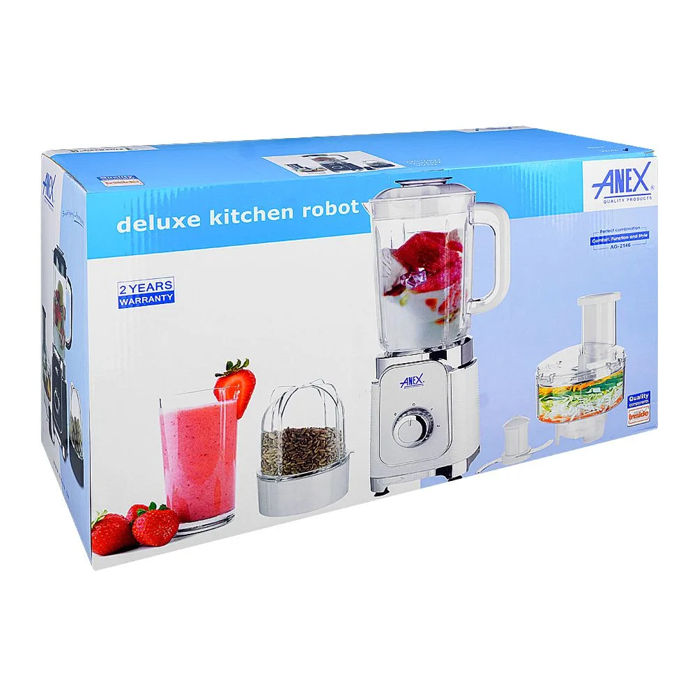 Side view of anex deluxe kitchen robot food factory, 380w, white, ag-2146