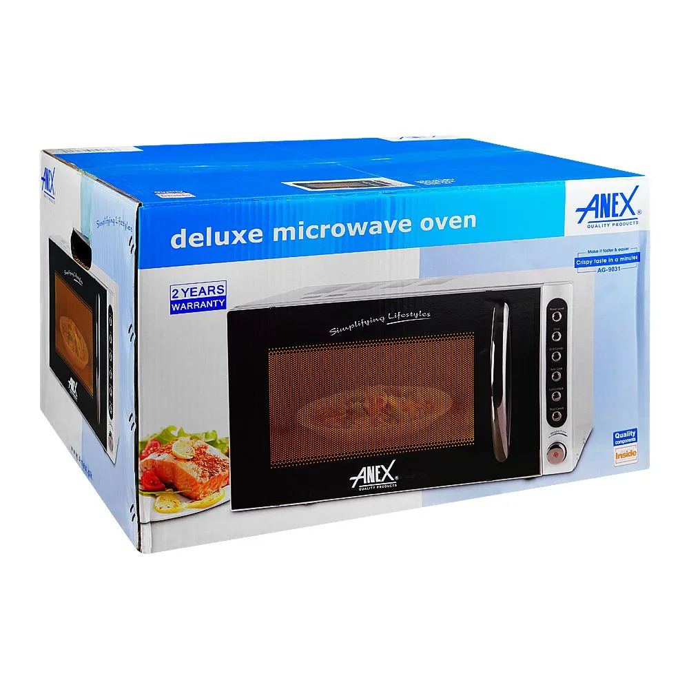 Side view of anex deluxe microwave oven, 900w, 23 liters, black, ag-9031