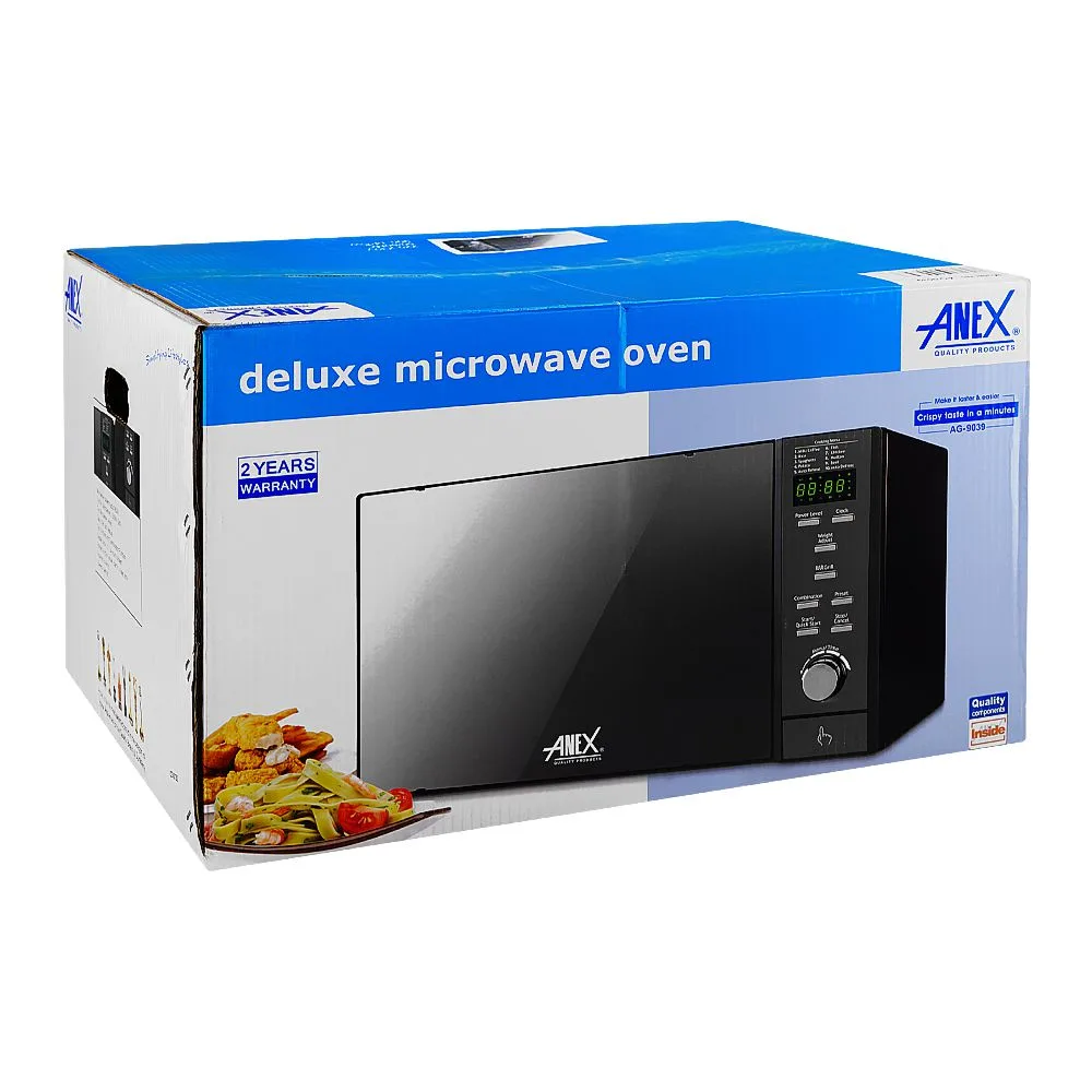 Side view of anex deluxe microwave oven, 900w, 30 liters, black, ag-9039