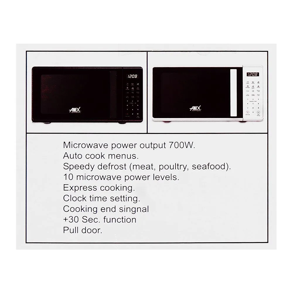Close-up design of anex deluxe microwave oven, black, 700w, 20 liters, ag-9029