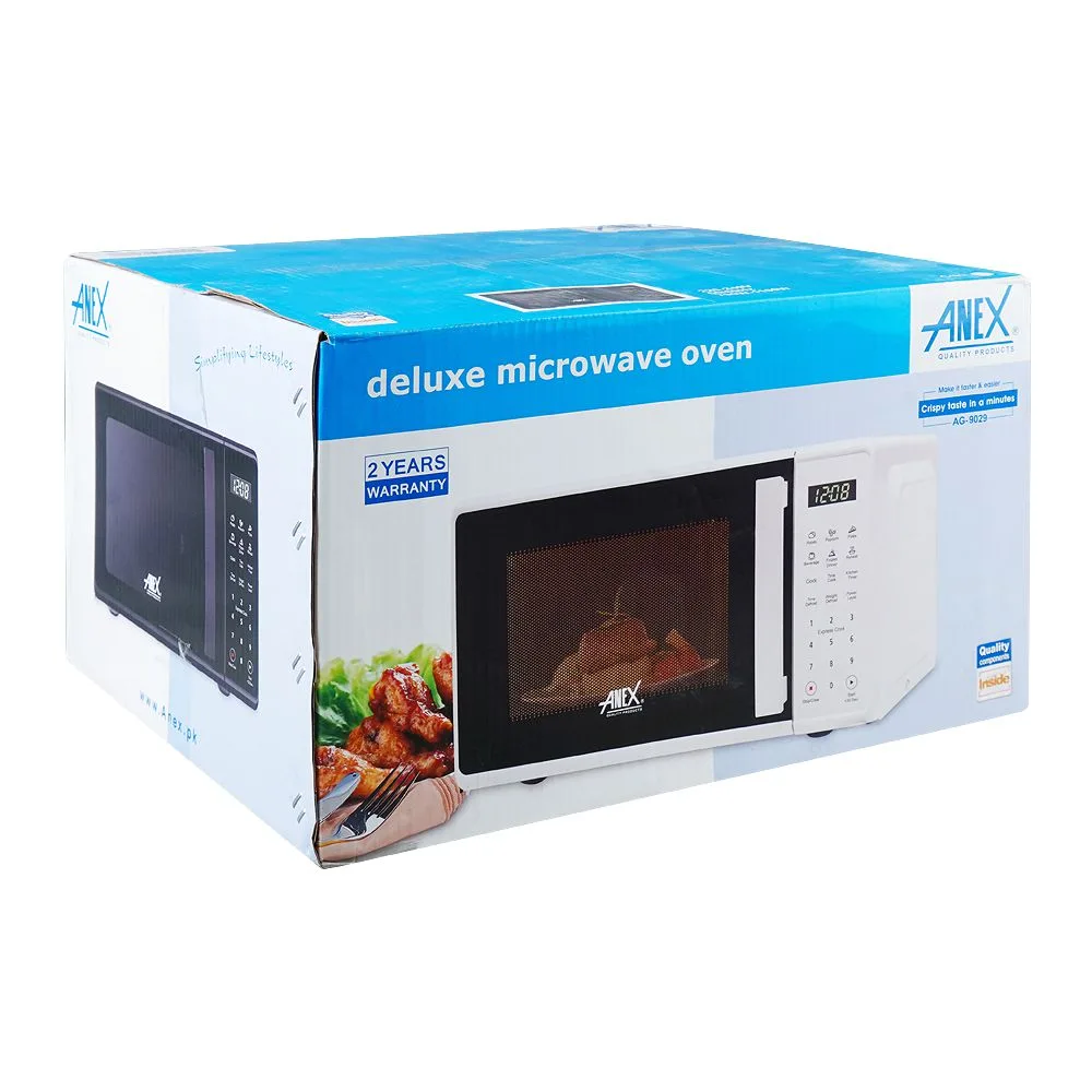 Side view of anex deluxe microwave oven, white, 700w, 20 liters, ag-9029