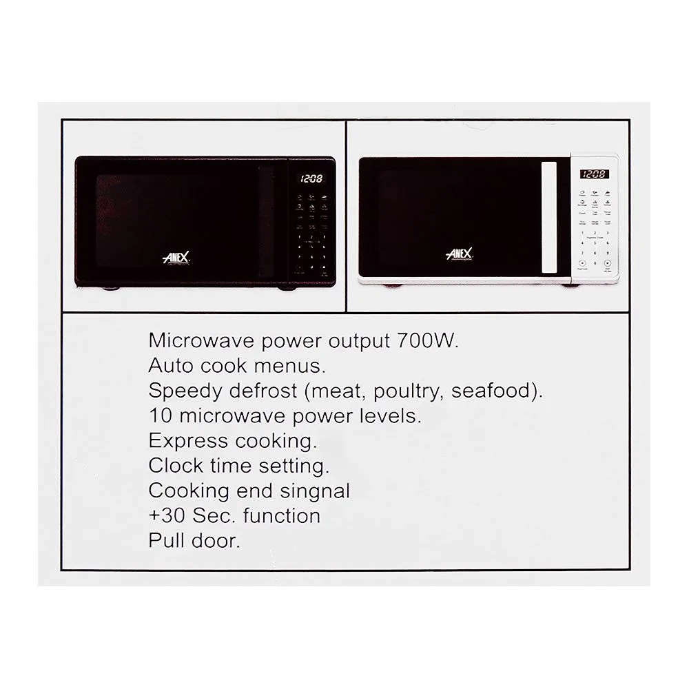 Close-up design of anex deluxe microwave oven, white, 700w, 20 liters, ag-9029