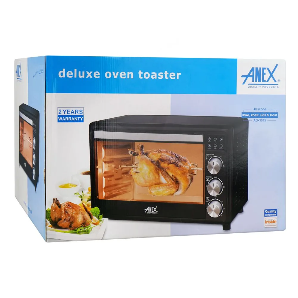 Side view of anex deluxe oven toaster, 1600w, 52 liters, black & silver, ag-3075