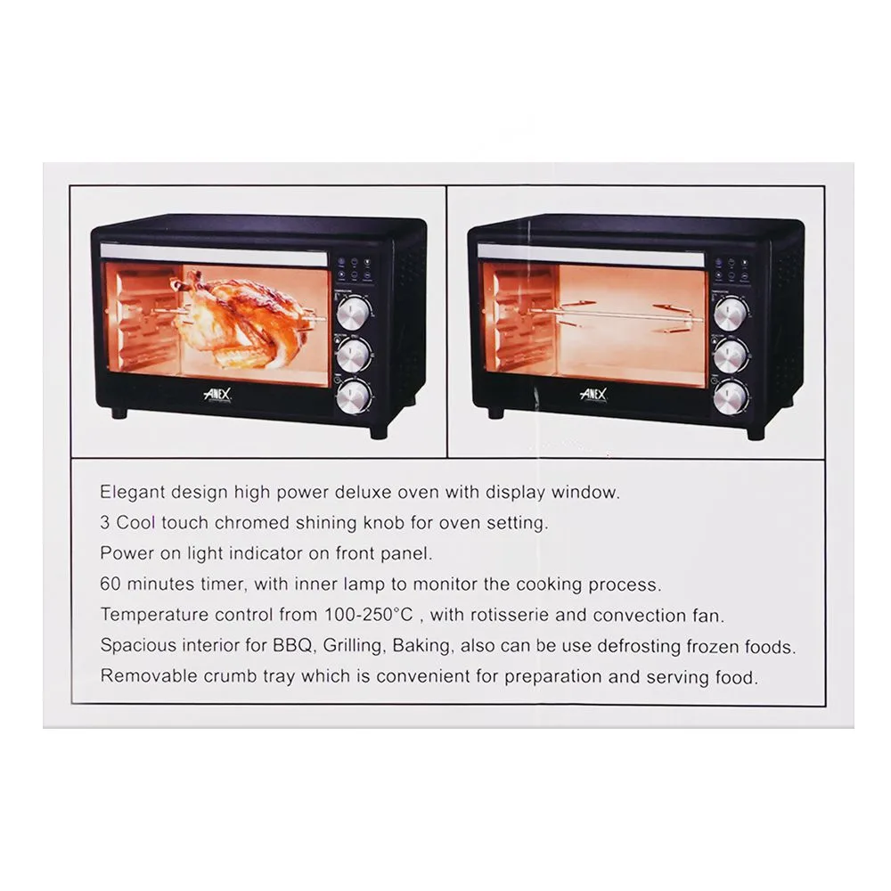 Close-up design of anex deluxe oven toaster, 1600w, 52 liters, black & silver, ag-3075