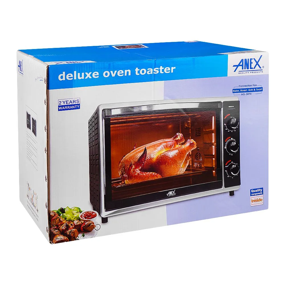 Side view of anex deluxe oven toaster, 2000w, 52 liters, black & silver, ag-3070