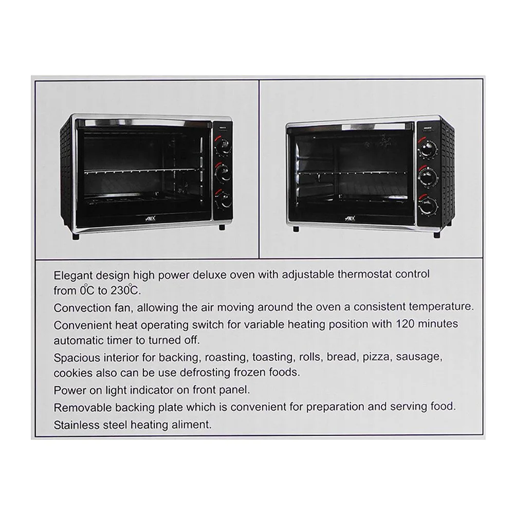 Close-up design of anex deluxe oven toaster, 2000w, 52 liters, black & silver, ag-3070