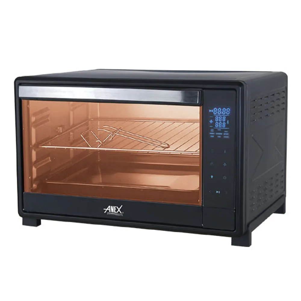 Side view of anex deluxe oven toaster, 2200w, 60 liters, black, ag-3080