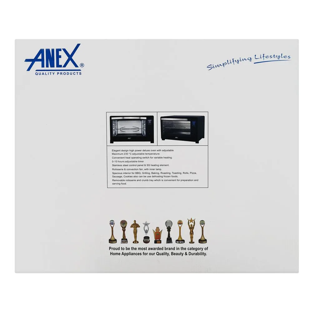 Premium everyday wear anex deluxe oven toaster, 2200w, 60 liters, black, ag-3080