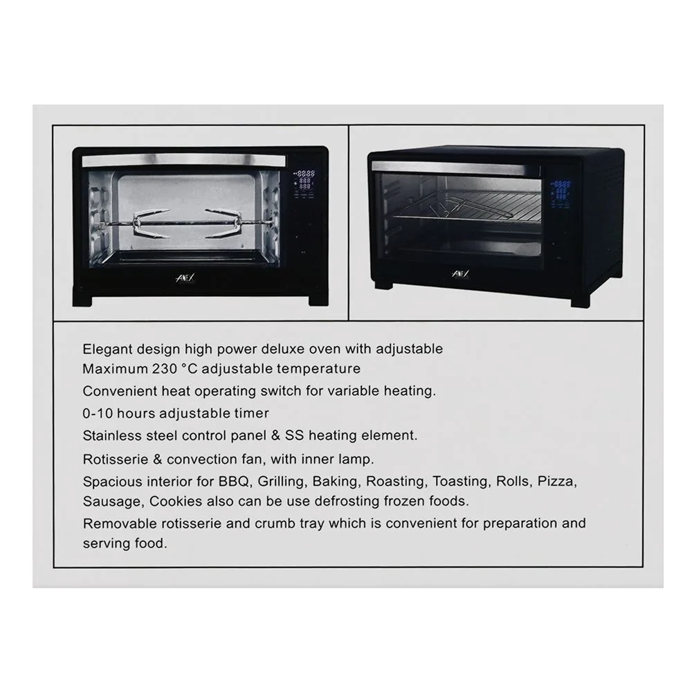 Front angle of anex deluxe oven toaster, 2200w, 60 liters, black, ag-3080