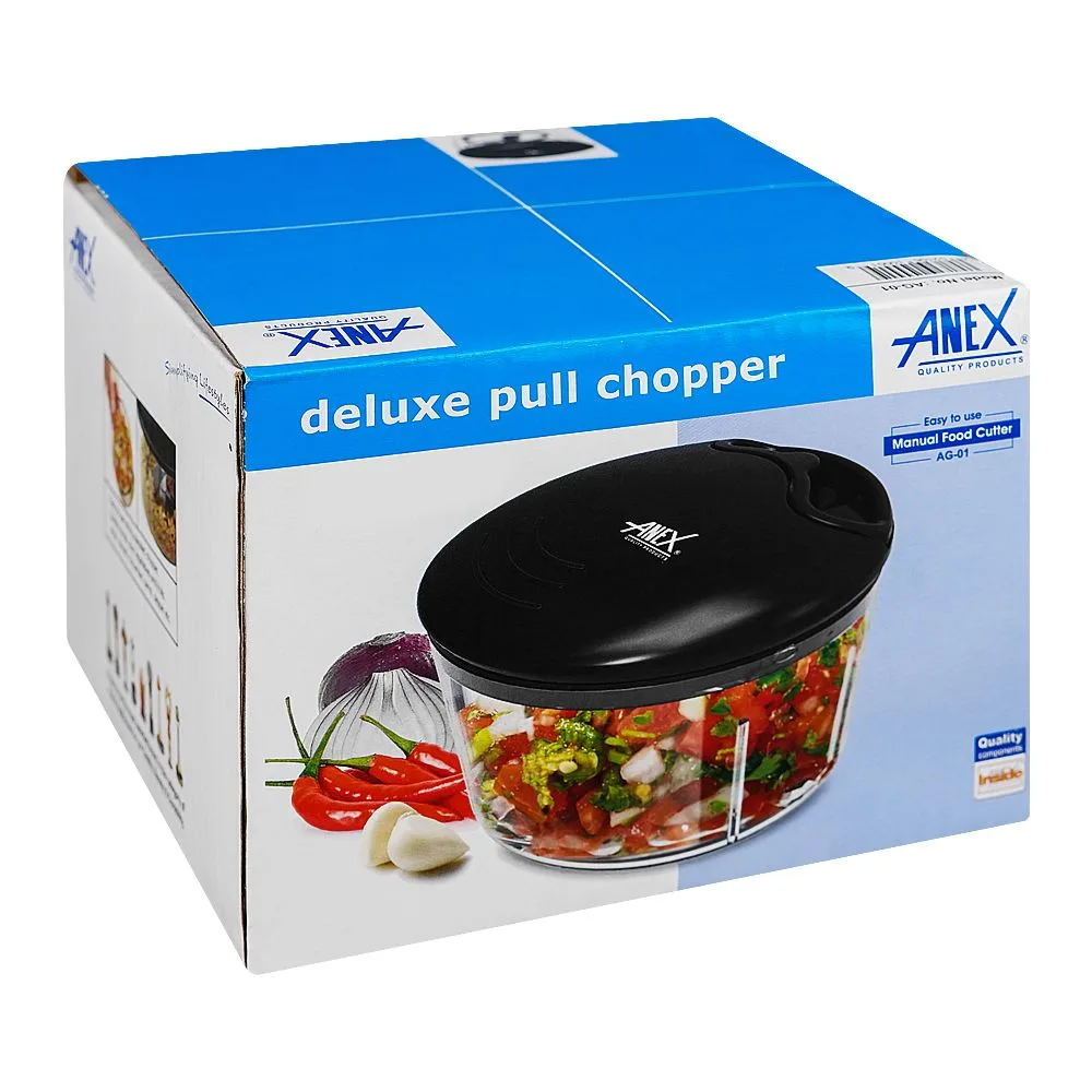 Side view of anex deluxe pull chopper, manual food cutter, black, ag-01