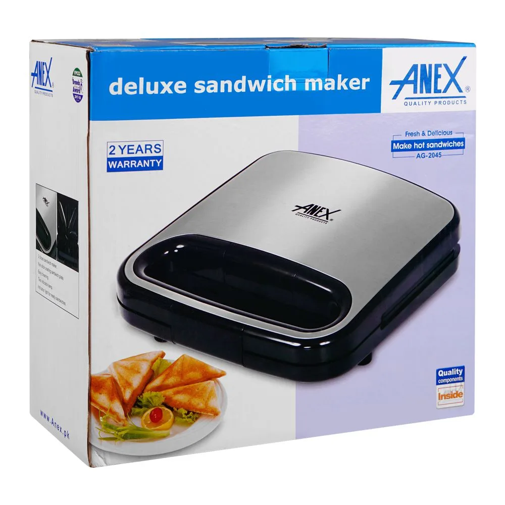 Comfortable casual anex deluxe sandwich maker, 750w, black & silver, ag-2045
