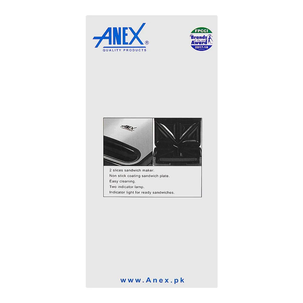Close-up design of anex deluxe sandwich maker, 750w, black & silver, ag-2045