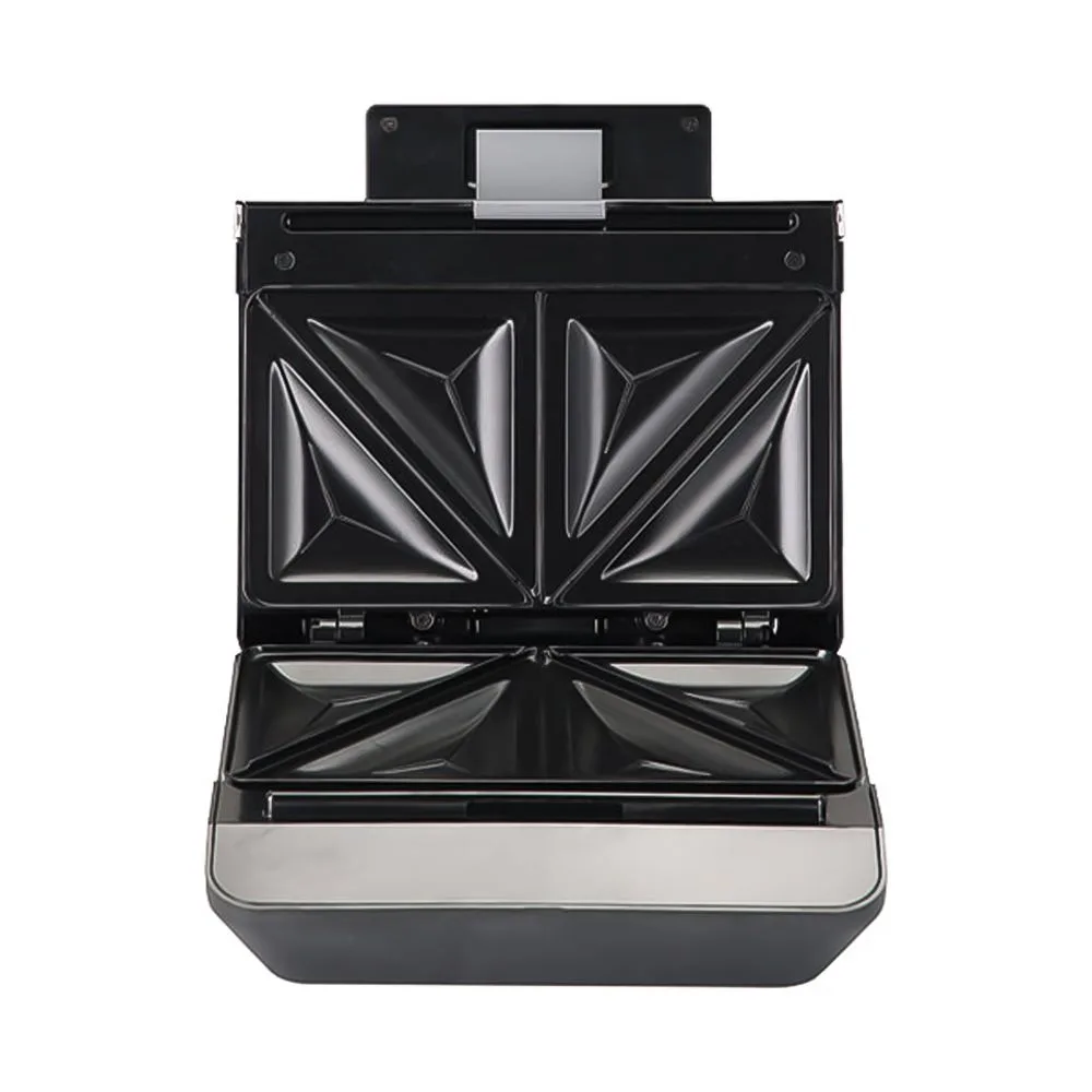 Side view of anex deluxe sandwich maker, 750w, black & silver, ag-2046