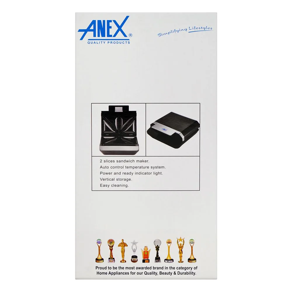 Close-up design of anex deluxe sandwich maker, 750w, black & silver, ag-2046