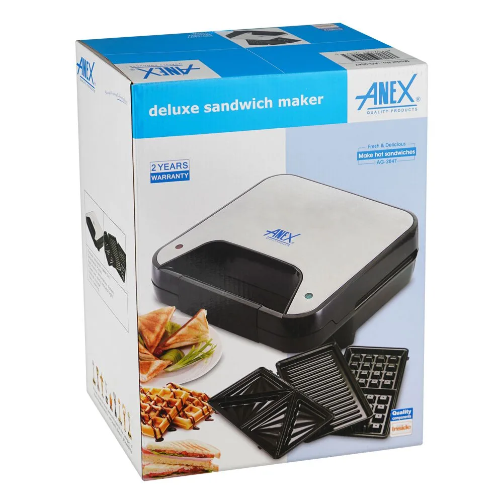 Side view of anex deluxe sandwich maker, 750w, black & silver, ag-2047