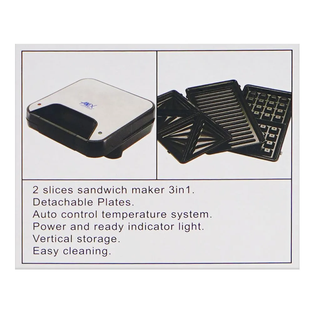 Close-up design of anex deluxe sandwich maker, 750w, black & silver, ag-2047