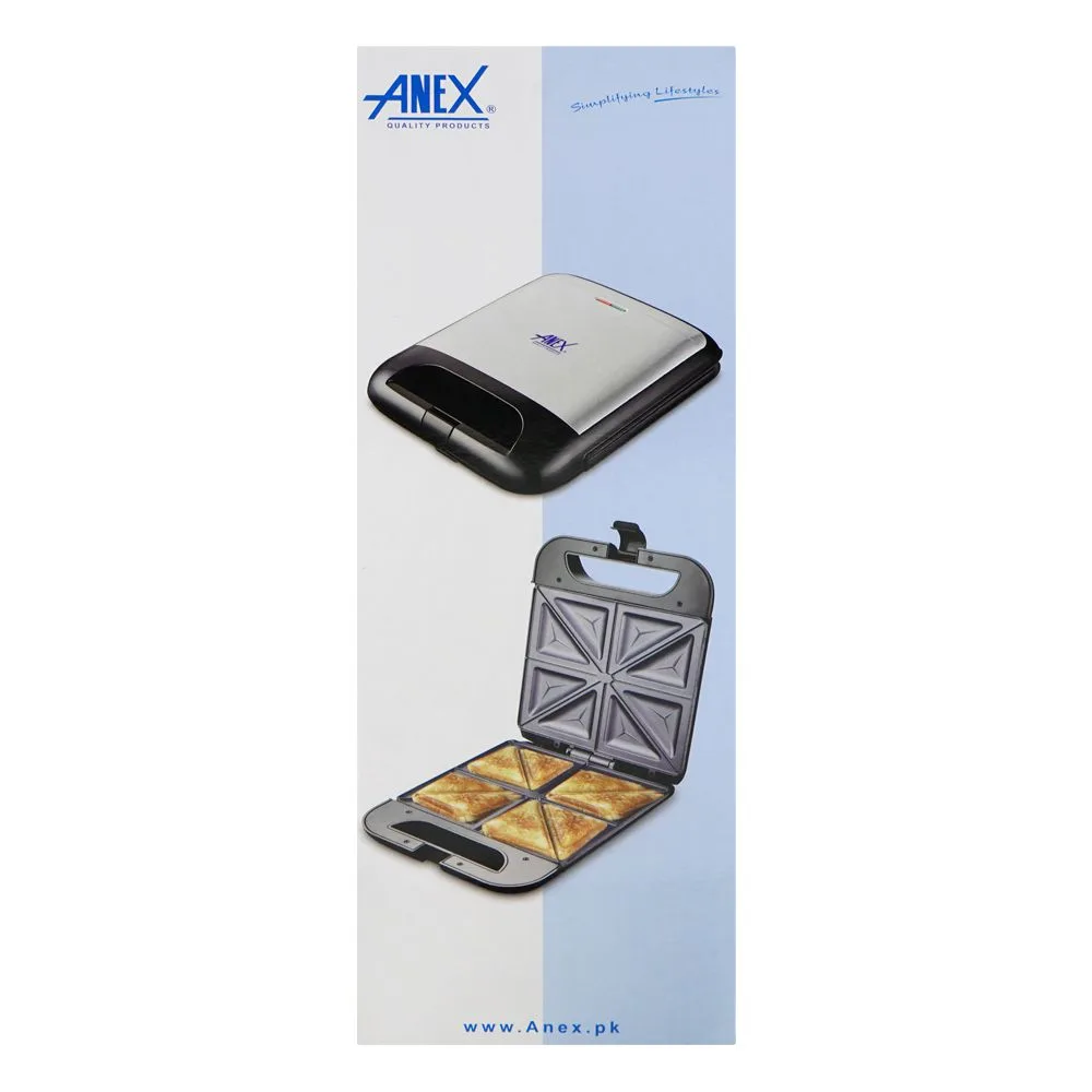 Side view of anex deluxe sandwich maker, black & silver, ag-2137