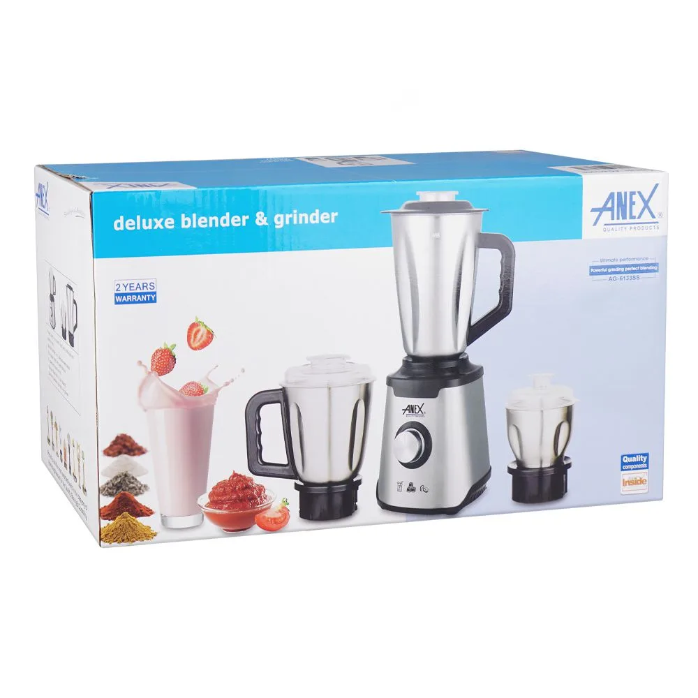 Side view of anex deluxe stainless steel blender & grinder, 600w, 1500ml jar, ag-6133ss