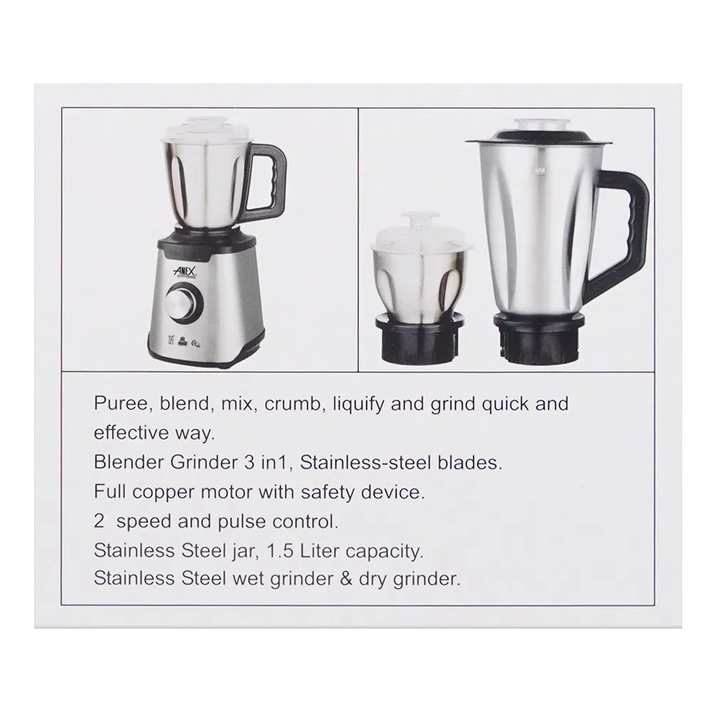 Close-up design of anex deluxe stainless steel blender & grinder, 600w, 1500ml jar, ag-6133ss