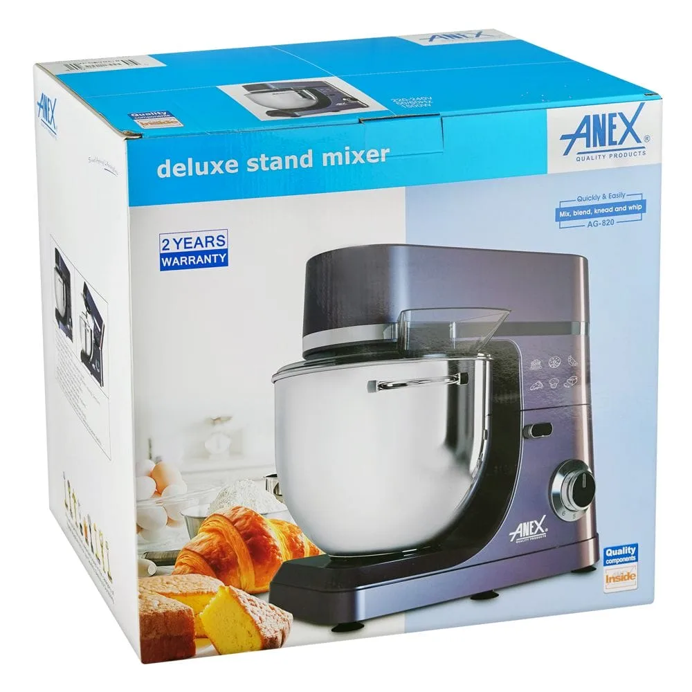 Side view of anex deluxe stand mixer, 1500w, 7 liter stainless steel bowl, black, ag-820