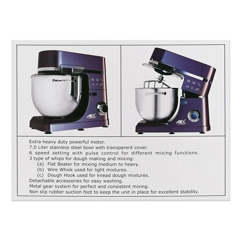 Close-up design of anex deluxe stand mixer, 1500w, 7 liter stainless steel bowl, black, ag-820