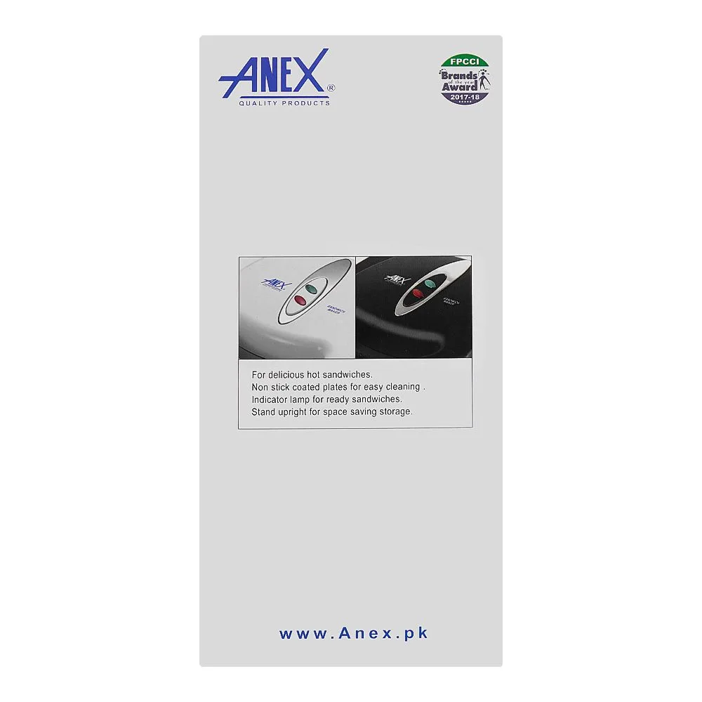 Close-up design of anex sandwich maker, 750w, black, ag-1035