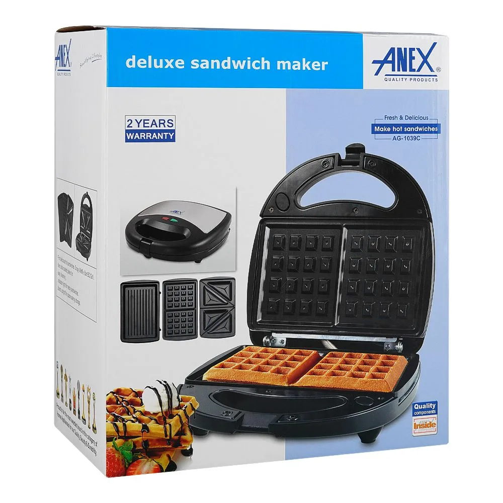Side view of anex sandwich maker, 750w, black & silver, ag-1039c