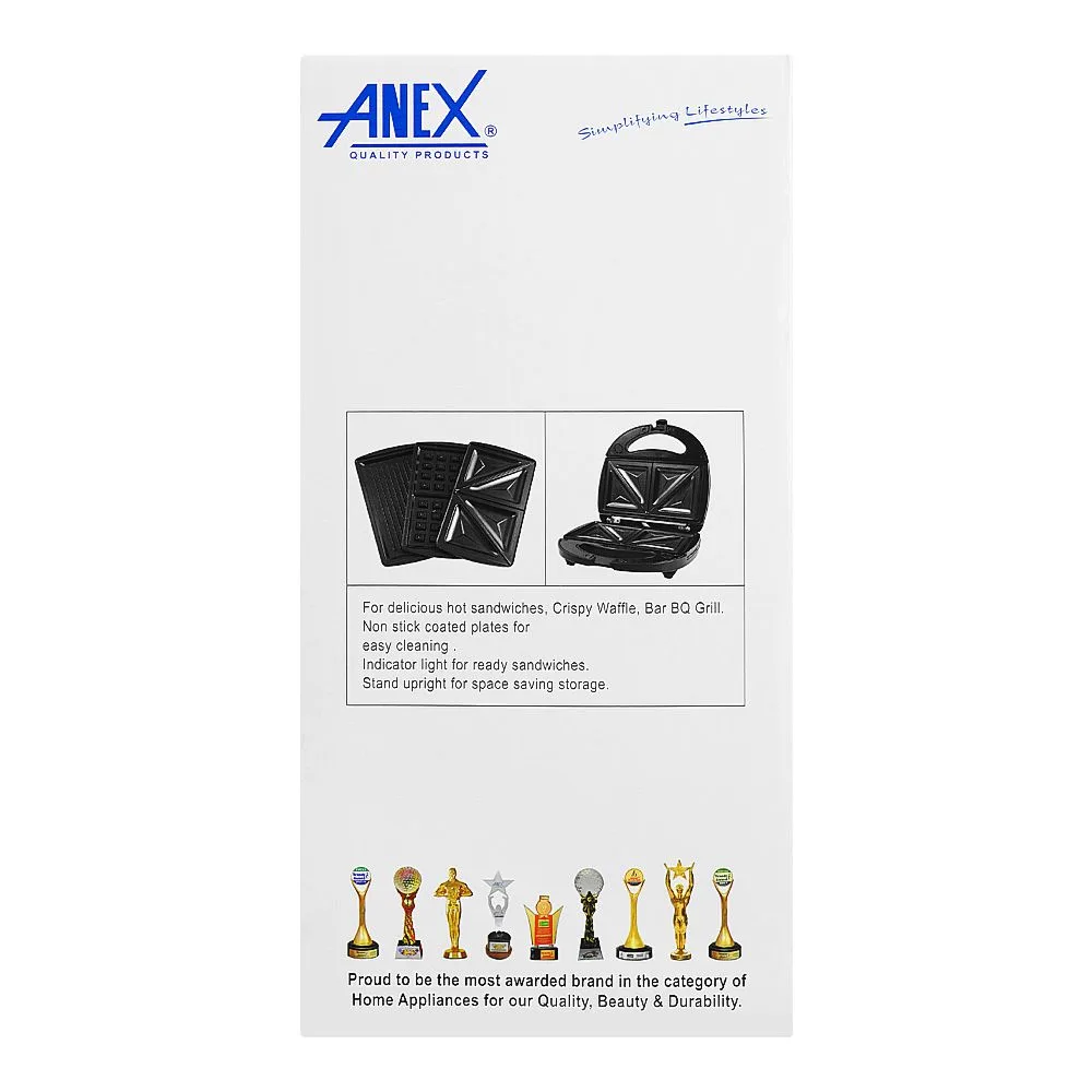 Close-up design of anex sandwich maker, 750w, black & silver, ag-1039c