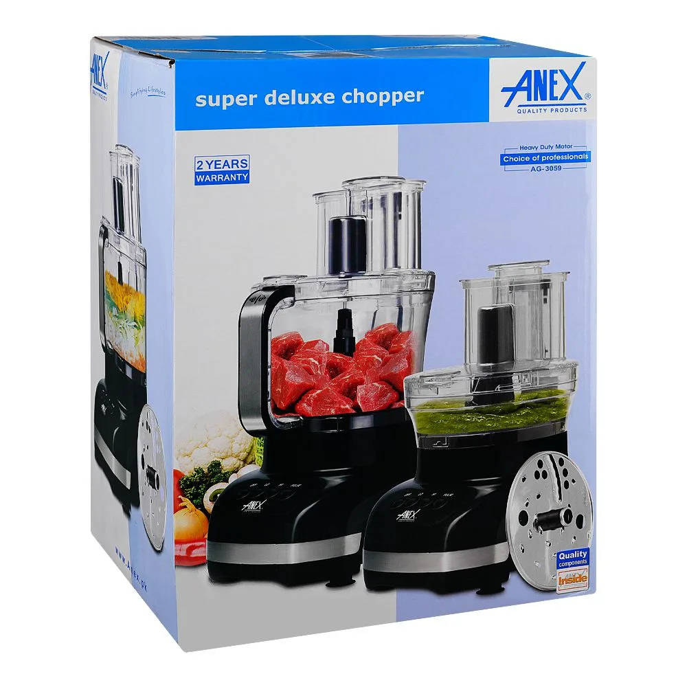 Side view of anex super deluxe chopper, 500w, black & silver, ag-3059