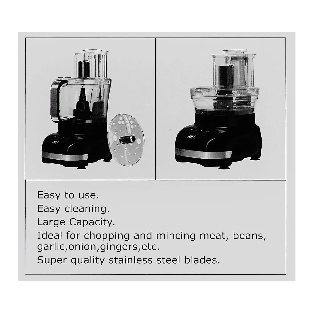 Close-up design of anex super deluxe chopper, 500w, black & silver, ag-3059