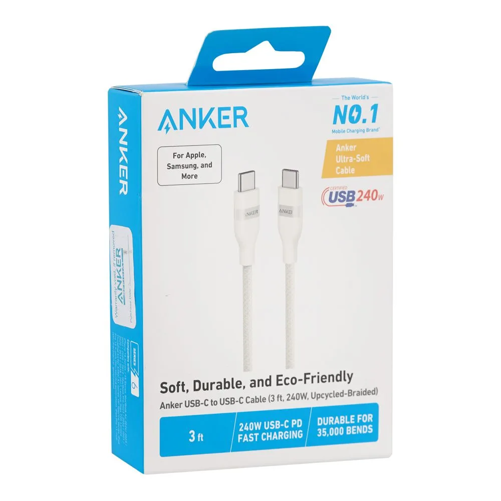 Side view of anker 240w usb-c to usb-c cable, 3ft, upcycled braided, white, a82e2h21