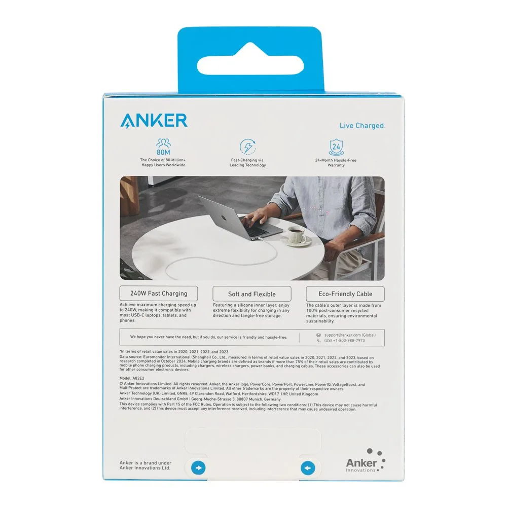 Comfortable casual anker 240w usb-c to usb-c cable, 3ft, upcycled braided, white, a82e2h21