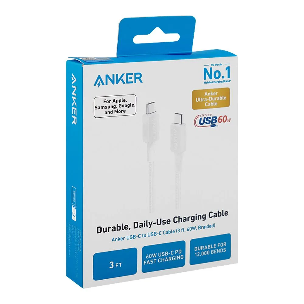 Side view of anker 322 usb-c to usb-c braided cable (3ft, 60w), white, a81f5h21