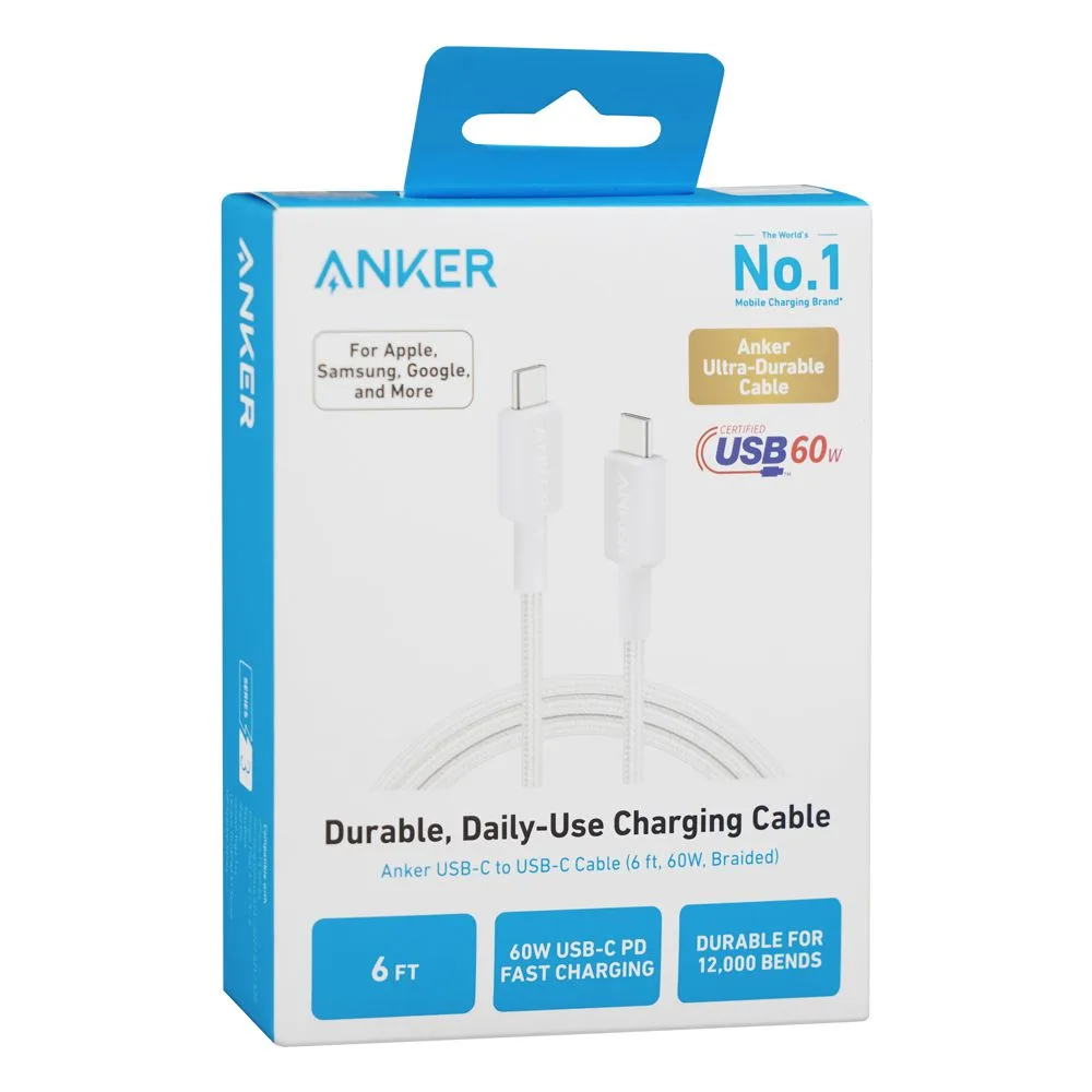 Side view of anker 322 usb-c to usb-c cable, 60w, 6ft, braided white, a81f6h21