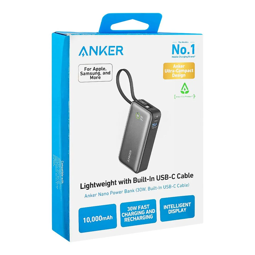 Side view of anker lightweight nano power bank (10000mah, 30w, built-in usb-c cable), black, a1259h11