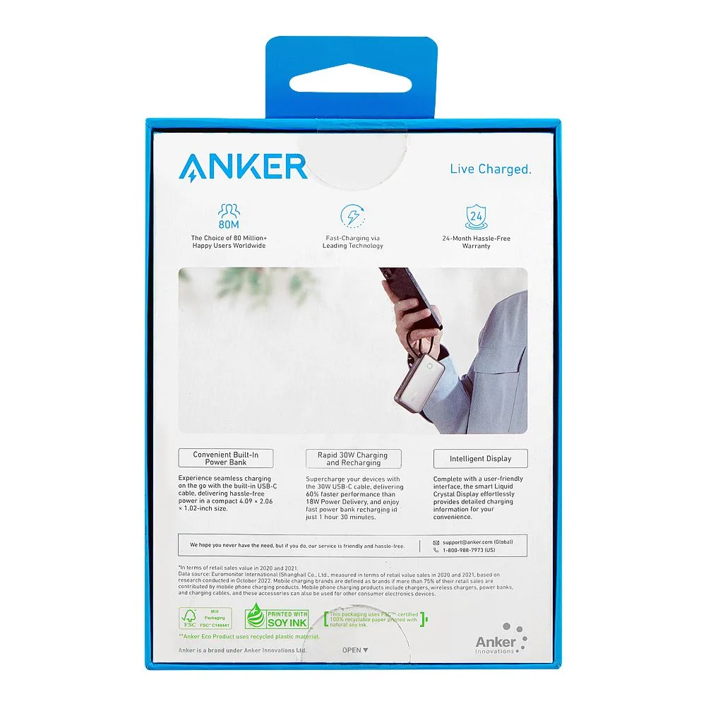 Comfortable casual anker lightweight nano power bank (10000mah, 30w, built-in usb-c cable), black, a1259h11