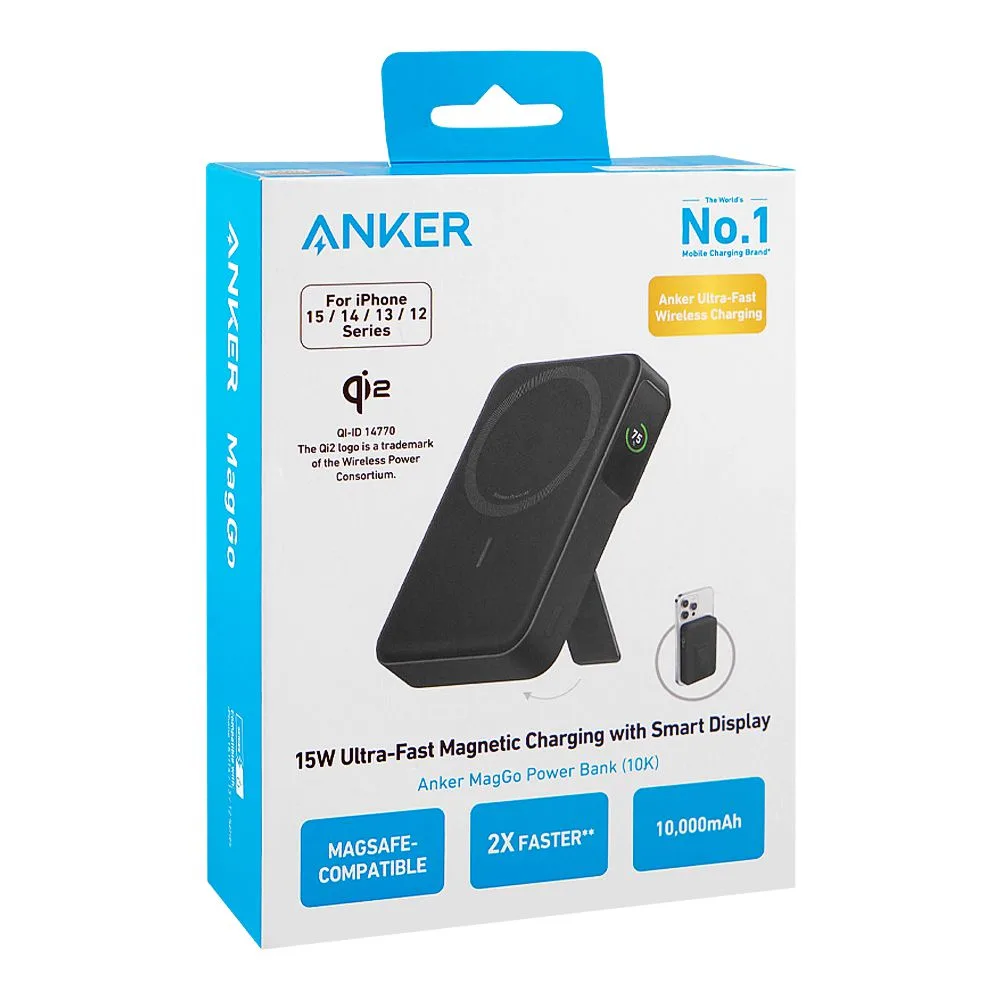 Side view of anker maggo power bank (10000mah, 15w), for iphone 15/14/13/12 series, black, a1654h11