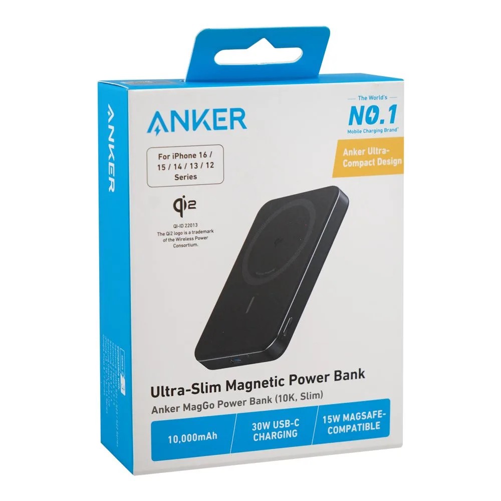 Side view of anker maggo ultra-slim magnetic power bank, 10000mah, 30w, usb-c port, black, a1664h11