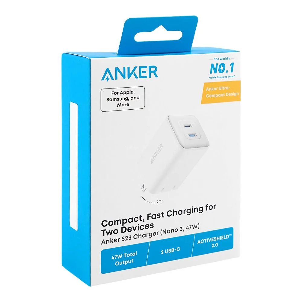 Side view of anker nano 523 compact 2 x usb-c fast charger, 47w, white, a2039j21-1