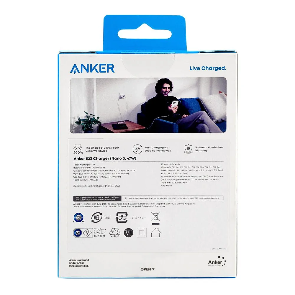 Comfortable casual anker nano 523 compact 2 x usb-c fast charger, 47w, white, a2039j21-1