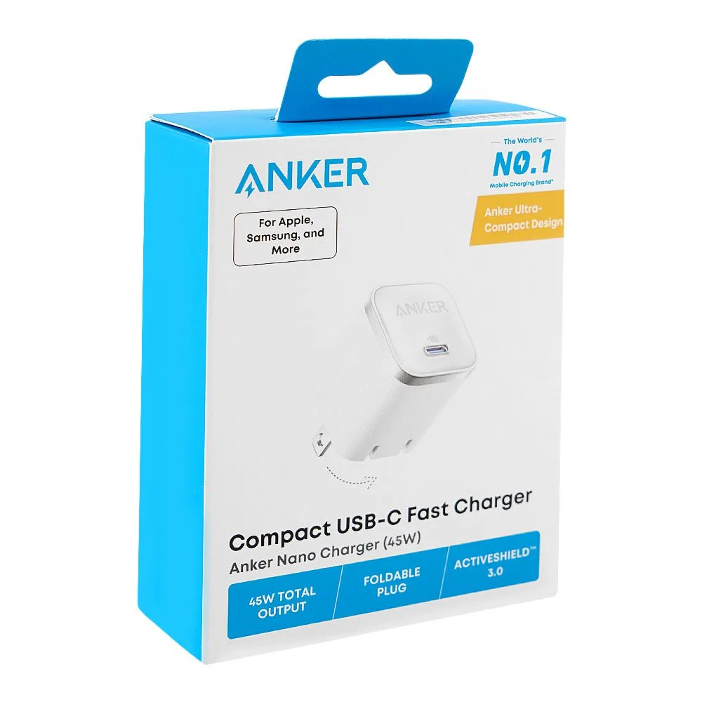 Side view of anker nano compact usb-c fast charger, 45w white, a2692j21