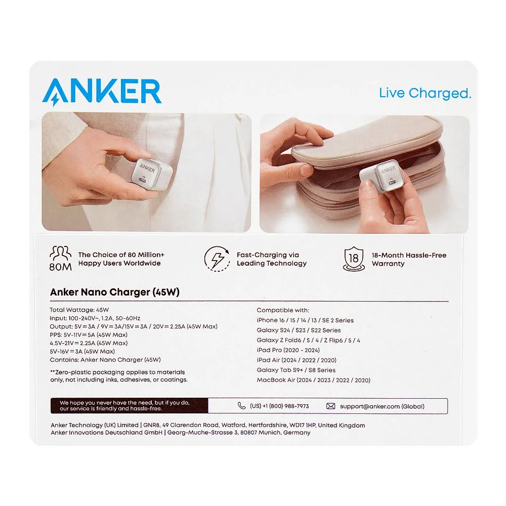 Close-up design of anker nano compact usb-c fast charger, 45w white, a2692j21