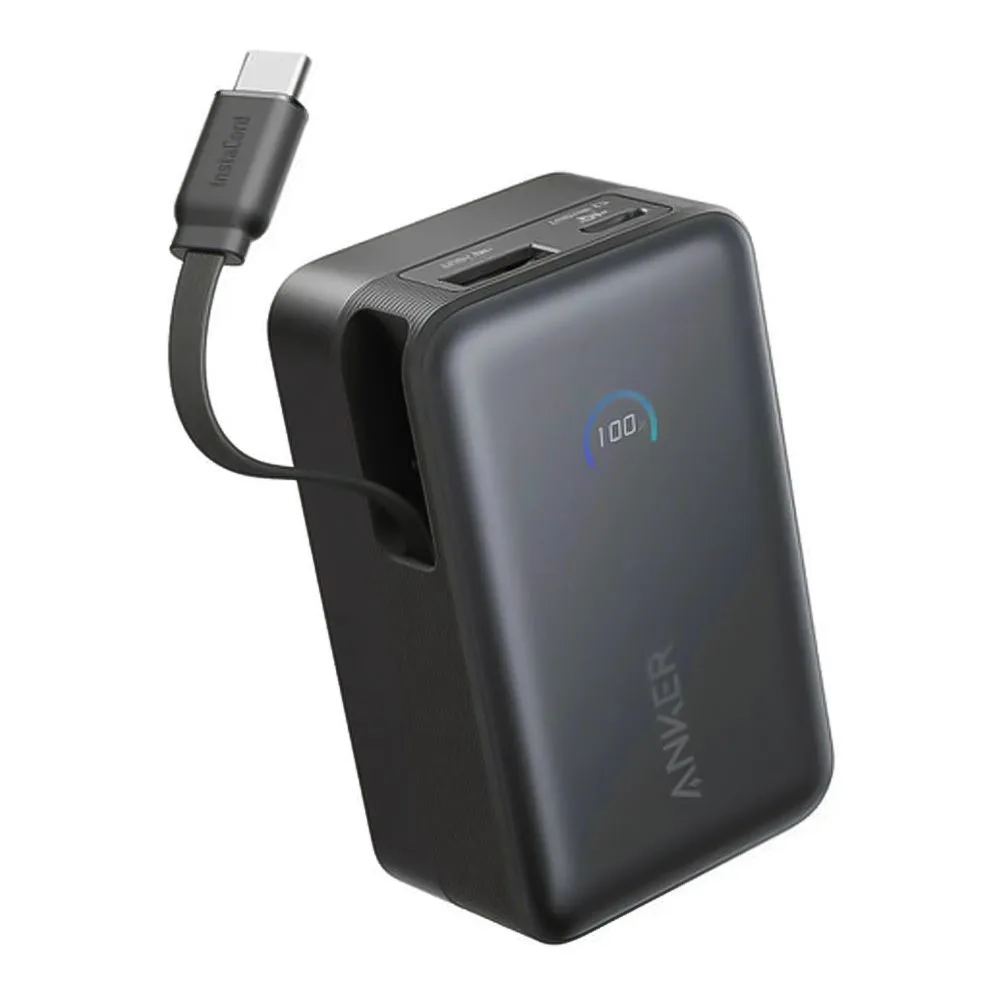 Side view of anker nano power bank, 10000mah, 45w, built-in usb-c cable, black, a1638h11