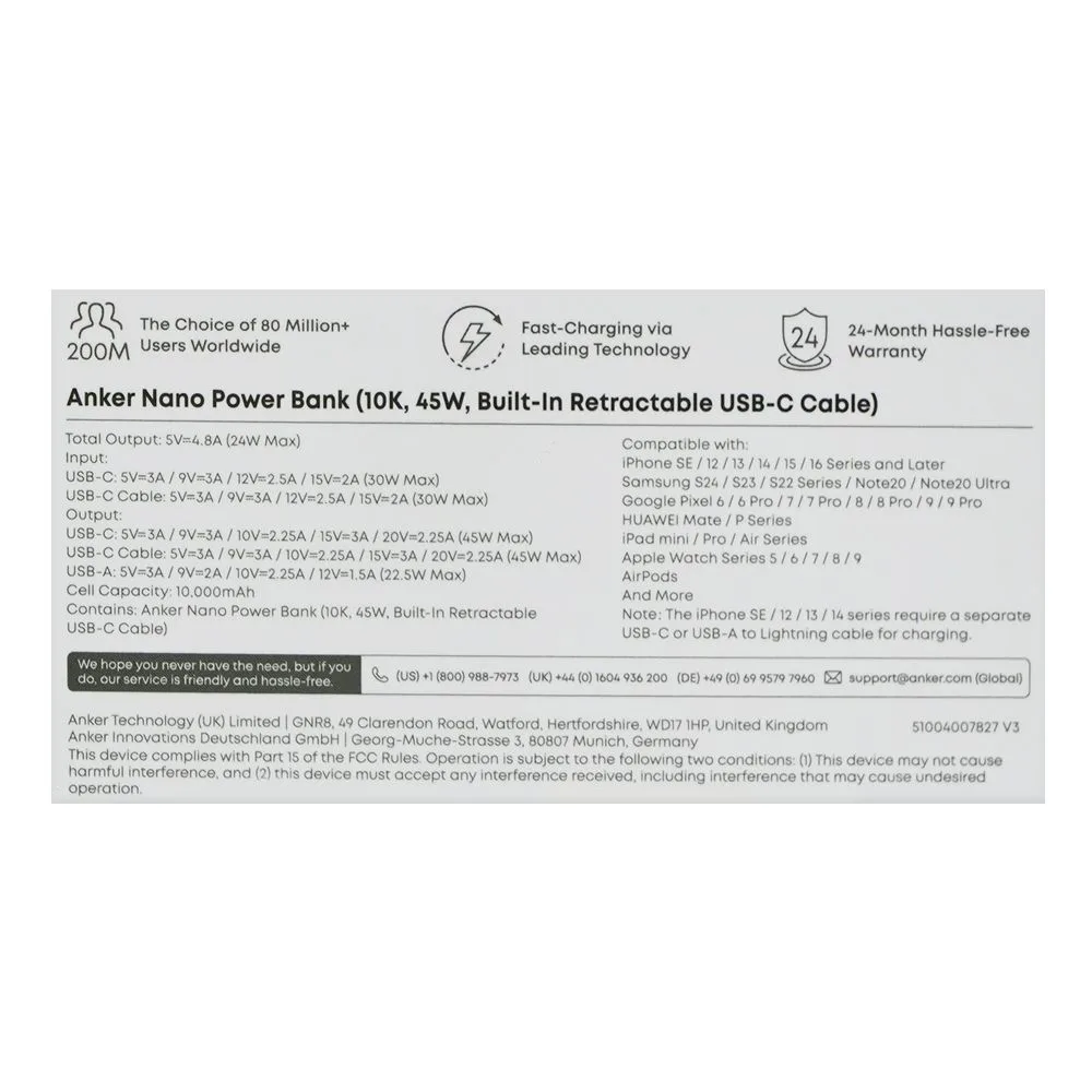 Close-up design of anker nano power bank, 10000mah, 45w, built-in usb-c cable, black, a1638h11