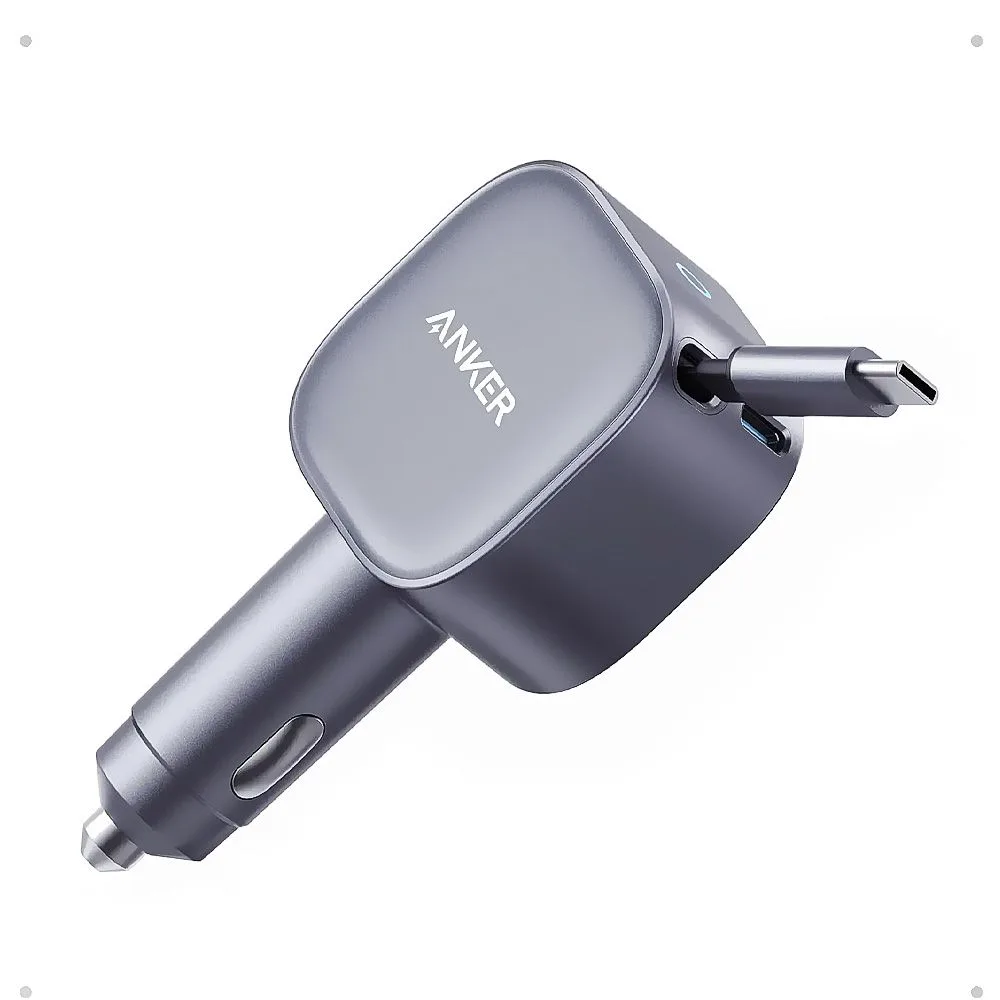 Anker Nano USB-C Port, Car Charger Built-In Retractable USB-C Cable, 75W, Grey, A2738HA2